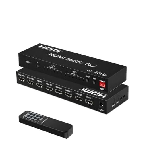【6入力2出力】HDMIマトリックスは入力端子6ポート 出力端子2ポートを切り替えたり、スプリッタことができます。HDMI6つの入力と2つの出力を持つ高性能HDMIマトリックスは、任意のソースは同時に2のディスプレイのいずれかで表示されるようにします。対応HDDレコーダー、ブルーレイプレヤー、プロジェクター、TV BOX、PC、HD DVD、PS4/PS3 ポートが搭載されたデバイスに対応。 【高解像度】4K 60Hz(3840x2160 / 4:4:4 8bit)、HDR映像に対応します。美しく高精細なHDMI信号を2台の4Kモニターに出力できます。 ダウンスケール機能を搭載しており、4K解像度の映像信号を、4Kと1080Pの2つの解像度で同時出力できます、4K HDRと1080pの同時出力。 *出力1は4K、出力2は1080(※同じリフレッシュレートに限り、) 【高音質フォーマット対応】ロスレス形式の高音質オーディオフォーマット、DTS-HD/Dolby-trueHD/LPCM7.1/DTS/Dolby-AC3/DSD HD(HBR) に対応しています。