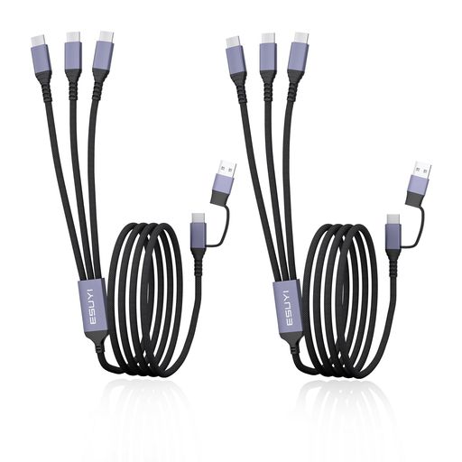 3 in 2 トラベルマルチ充電ケーブル【2本セット1.5M 60W】USB C分岐ケーブル、複数デバイス同時充電可能なトラベルチャージャー、USB A/C to Type-Cケーブル、Phone 17/Air/16/15、S25/Noteその他多数対応