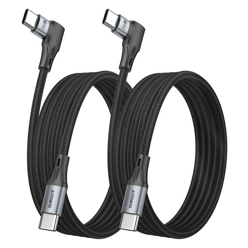 SUNGUY L字 USB C to USB C ケーブル 2M 【2本セット】厚ケース対応 60W PD急速充電 長ポート タイプcケーブル USB2.0データ転送 高耐久ナイロン編み Type-C コード iPhone17/16/15シリーズ,
