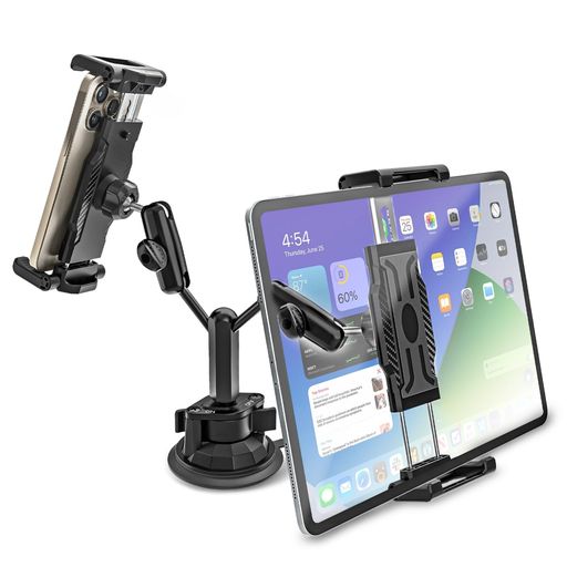 【2 in 1 ホルダー】このデュアル タブレットホルダー 車載 は、2つのデバイスを同時に使用できるように設計されており、マルチデバイス使用のニーズを満たします (メインドライバーと助手席が同時に使用することもできます)。 【最高級の金属】車載iPadホルダーの調整アームは、最新の航空合金素材で作られています。強くて耐久性があり、変形したり色あせたりしません。市場に出回っている安価で質の悪いプラスチックホルダーが劣化したり壊れたりしやすいという問題を解決します。 【揺れにさよなら】車載タブレットホルダーは、TPU素材の高吸着吸盤、強力な負圧真空吸着を採用しています。内部は独自のダブル隠しロック設計を採用しており、強力な吸着力があり、揺れたり落ちたりしません。車のダッシュボード用iPadホルダーは、市場に出回っている低品質の吸盤の問題を効果的に解決し、粘着剤が残りやすく、簡単に落ちます。 【大型サイズ対応】5.5~15.6インチのデバイスに対応するタブレット電話クランプ。