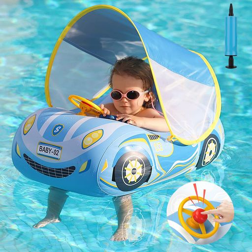 浮き輪 子供用 ベビー浮き輪 足入れ ハンドル付き 可愛いプリント スーパースポーツカー フロート SPF50+ 取り外し可能なサンシェード キッズ 男の子 女の子 海 プール 水遊び アウトドア (…