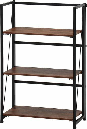 不二貿易オープンラック折りたたみシェルフ3段幅61x奥行31x高さ93cmブラウン木目調スチールフレームア..