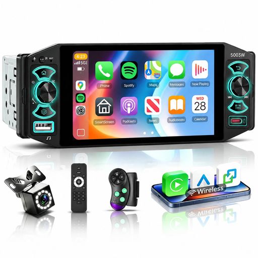 5 インチ IPS タッチスクリーン搭載 1DIN カーステレオ ワイヤレス CarPlay/Androi...