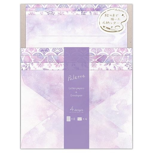 絵の具で描いた様々なデザインが楽しい、4柄アソートのレターセットです。 優しいパープルでにじみ・草花・こはく糖・タイルを描きました。 ブルー系でまとめているので、違う柄の便箋と封筒を組み合わせた使用もおすすめです。 ※便箋は柄ごとにサイズが異なります。 ◇パッケージサイズ:H213xW16xD2mm ◇便箋1:H195xW148mm ヨコ13行罫 ◇便箋2:H200xW148mm ヨコ13行罫 ◇便箋3:H205xW148mm ヨコ13行罫 ◇便箋4:H210xW148mm ヨコ13行罫 ◇封筒:H114xW162mm(洋形2号封筒) ◇セット内容:8枚(4柄x2枚)、封筒4枚(4柄x1枚)