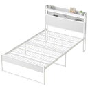 SINNONAKAUSB&2口コンセントベッドフレーム2段宮棚付きパイプベッド高耐荷重収納付きスチールベッドシングルベッドカビ防止アイアン脚付きフレームのみ頑丈木製(ホワイトウォッシュxホワ…