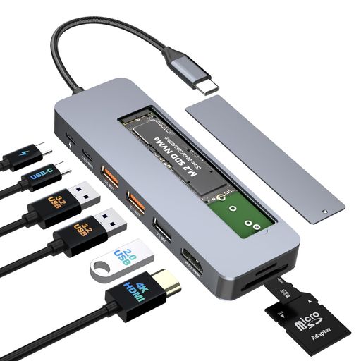 【9-IN-1 M.2 SSD 外付けケースー付きUSB Cハブ】M.2 SSD 外付けケース付きUSB-Cハブは、SSDケースとUSBドッキングステーションを一体化した革新的な進化形です。従来の枠組みを打ち破り、M.2 NVMe対応のSSDで新たな可能性を拓きます。このUSB C ハブを使用すると、1xUSB-A2.0ポート、1xHDMIポート、2x10Gbps USB-Aポートおよび1x10Gbps USB-Cポート、SD/TFカードスロット、100W PDポートが利用できます。このデバイスはドッキングステーションとしても、SSDエンクロージャーとしても使用でき、仕事や生活をより便利にする多機能設計です。 【超高速データ転送】このUSB-C ドッキングステーションのUSB 3.2 Gen2ポートは最大10Gbpsのデータ伝送速度を提供し、HDMI動画も数秒で伝送可能です。外付けUディスク、マウス、キーボードなどUSB機器が接続可能です。USB 3.2 Gen 2規格は、転送速度が高いため、データ転送が重要なデバイスに対応します。カメラやカードリーダーなど、大量のデータ転送が必要な機器に使用されます。