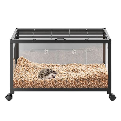 小動物ケージ 1台 96x47x51cm アクリルパネル 金属製 キャスター付き スタッキング対応 通気性 前扉付き 天面オープン ハムスター ラット用 ブラック