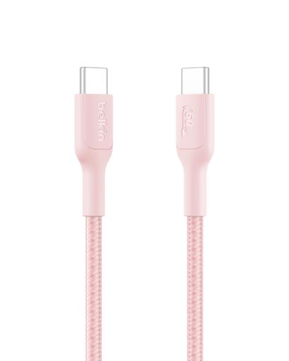 BelkinUSB-CtoUSB-C編組ナイロンケーブル超急速充電60WPD対応iPhone17/16/iPad/MacBook各種/Windows各種/Galaxy/PixelなどAndoroid各種1mピンク