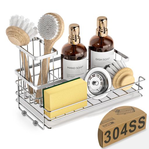 VANZAVANZUステンレス製スポンジ置き、キッチン大容量スポンジホルダー、洗剤収納ボックス、防錆、省スペースのシンク収納ラック、取り外し可能なブラシホルダー付き、排水トレー&滑り…(3.0)