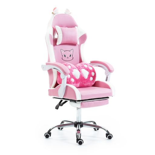 ゲーミングチェア かわいい猫型コンピューターチェア PUレザー ハイバック ヘッドレスト ランバーサポート リンケージアームレスト 高さ調整機能 背もたれの調整機能(ピンク&ホワイト)