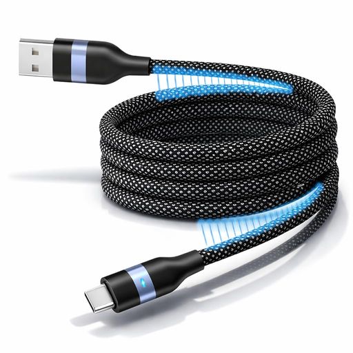 マグネット式 自動巻き取り USB-A to USB-C 充電ケーブル 1m 急速充電 最大120W 480Mbpsデータ転送 コイル型 断線防止 (ブラック)