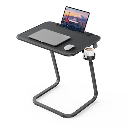 SAIJI ベッドテーブル ノートPCパソコンテーブル 高さ角度調節可能 PUレザー天板 昇降式 カップホルダー付き ブラック 55x39cm