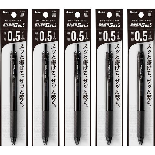 【特長】スッとかけてサッと乾くゲルインキボールペン 【インキ色】黒 【ボール径】0.5mm 【材質】軸・クリップ・ノック=再生PP、グリップ=エラストマー 【1本あたりサイズ/重さ】幅 16mm x奥行 11mm x 長さ 147mm/12g