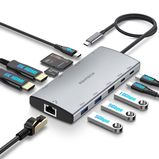 RSHTECH 11-in-1 USB-Cハブドッキングステーション HDMI 2つ 4K@60Hz 単一出力8K@30Hz 2画面出力 MST機能 100W PD急速充電 USB A&C 3.2 10Gbps データ転送 1Gbpsイーサネット