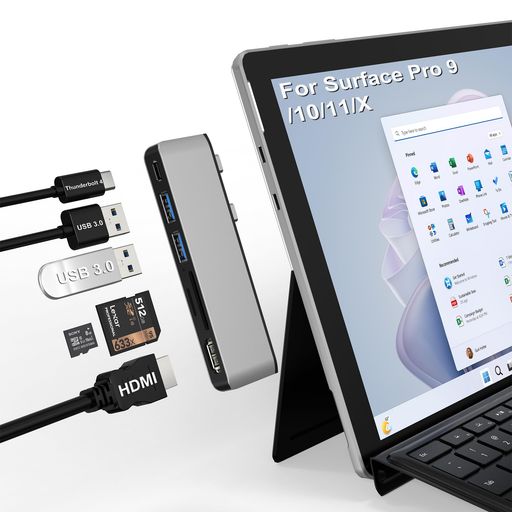 Surface Pro 11 ハブ、Surface Pro 9/10/11/X ハブ 4K HDMIポート + 100W USB-C Thunderbolt 4 (ディスプレイ+データ+PD充電) + 2 USB 3.0ポー + SD/TF (Micro