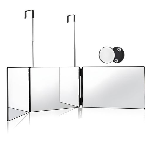 HeGeed三面鏡化粧鏡セルフカット(5倍拡大鏡)高さ調節可能360°角度自在調整折りたたみ可能鏡ミラー折りたたみ式卓上化粧鏡鏡三面鏡壁掛け3ウェイミラーHD鏡面後頭部が見えます安定して使…