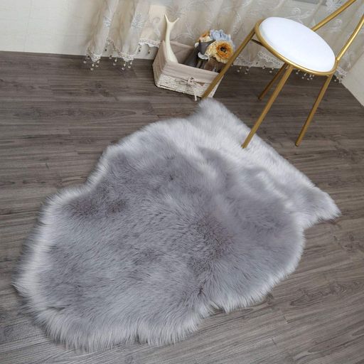 ムートンマットフェイクシープスキンラグカーペットラグマットふわふわ人工ウール長毛ムートン絨毯柔らかいふんわりおしゃれ抗菌洗える天然繊維約60x90cm(グレー)