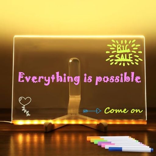 SCOCCAライト付きアクリルホワイトボードLEDノートボード7本のペン付きDIYお絵描きボードアクリルメッセージボード30cmx20cmスタンド付き発光オフィス学校家庭用重複使用可能ホワイト