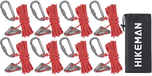 Tent Accessories - テントロープパラコードカラビナ付き調節可能タープロープガイライン張り綱反射材入り太さ4mm長さ4M自在金具8個セットキャンプ用品収納袋耐荷重350kg収納袋付き(レッド8個)