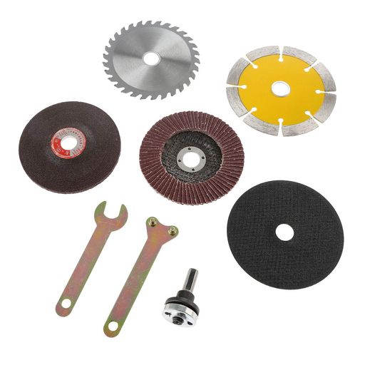 【商品】切断砥石x1、研削砥石x1、多羽根ディスク(マルチディスク)x1、合金切断ディスクx1、ダイヤモンドカッターディスク(セグメントタイプ)x1、ロックナットレンチx1、レンチx1、スピンドルx1。ディスクパーツ計5個、付属品3個を加えて、計8個入り。掲載写真のメイン画像で商品をご参考ください。 【サイズ】スピンドル(交換用ロッド)のネジ直径:10mm。 ディスクの外径は10.16cmで、内径は2cmです。 【用途】適切なディスクや砥石を選べば、木材から、金属、プラスチック、レンガ、ブロック、石材などいろいろな素材を加工することより易くなります。 【使用注意】薄いディスクや砥石を傾けて使ったときに、力が掛かりすぎると回転中に破壊して飛び散り大変危険なので、厚さと用途を考えてください。 【作業前の注意事項】1.必ず保護メガネや保護マスクなど安全保護用品をご着用ください;2.ディスクや砥石に、欠け、歪み、ひび割れ、水濡れ、油濡れなどの使用上に有害な欠陥があるかどうかをご確認ください。有る場合必ず使用しないでください。