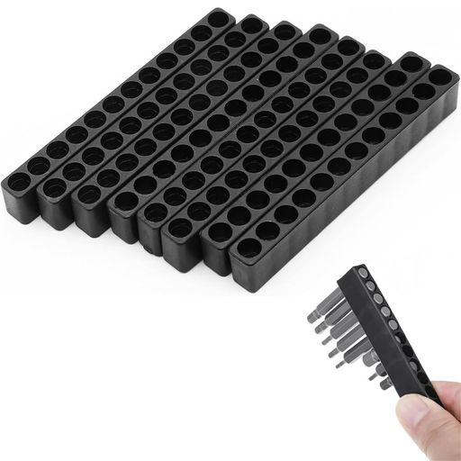 製品パッケージ:12穴六角レンチビットオーガナイザー8個入り。寸法:長さ98.5mm、高さ15mm、穴径6.35mm。 高品質素材:高品質のエンジニアリングプラスチック製で、適度な硬度と耐久性を備え、保管と整理に最適です。 利便性:コンパクトなデザイン、小型、そして使いやすさで、ドライバービットを整理しやすく、必要な工具を素早く見つけることができます。ドライバービットの散らばりを防ぎ、作業効率を大幅に向上させます。 ダブルパス設計:この六角ドリルビットオーガナイザーの穴は双方向に開いているため、ドリルビットの長さに制限されず、ほとんどのニーズに対応できます。 幅広い用途:このドリルビットオーガナイザーは、6.35mmの六角シャンクドリルビットを収納でき、紛失を防ぎます。ほとんどのドライバービットの収納ニーズを満たします。