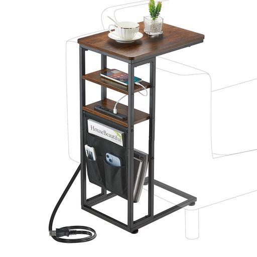 ZEXVIDAサイドテーブルコの字型ベッドテーブルUSBポート&コンセント付きソファーテーブルナイトテーブルリビングテーブル棚付き引き出し幅40x奥行30x高さ71cm