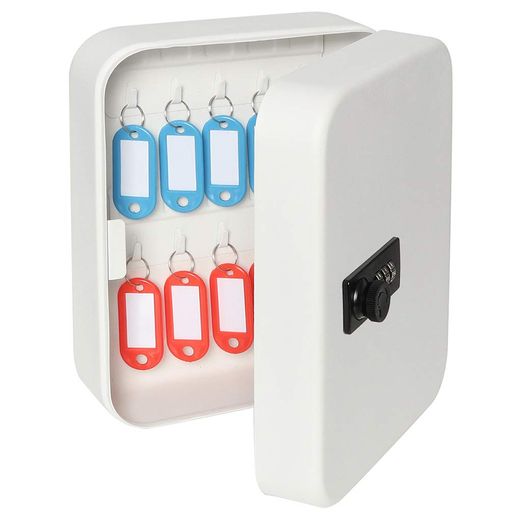 サイズ:W76xL160xH200mm 【鍵収納数】:20個重量:(約)0.82kg 【付属品】:ネジx2、コンクリート用プラグx2、キーホルダーx20 多くの鍵を収納でき、簡単に壁掛けができるダイヤル式のキーボックスです。 ボックス内に鍵を管理する事で、書類棚の鍵や車の鍵等、大量の鍵を整理でき一目で探す事ができます。