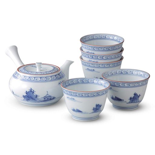 Rakuten - ランチャン(Ranchant)急須茶器セットマルチ急須17x14x8.4/カップΦ8.4x6cm京山水絵有田焼洸琳窯日本製