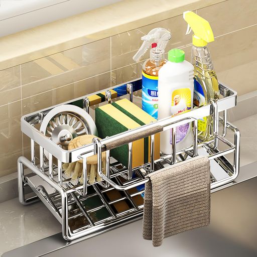 スポンジホルダースポンジラックステンレス製スポンジ置き抗菌防錆キッチン用スポンジ/洗剤置きふきん掛け付きたわしホルダー洗面所/キッチン収納シンク水切り収納(シルバー)