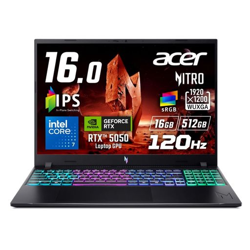 Acer Nitro V 16 Core 7 240H RTX 5050 16GBメモリー 512GB SSD 16インチ WUXGA 16:10 IPS 非光沢 sRGB 100% 120Hz デュアルファン デュアル吸排気 207万画素 Webカメラ