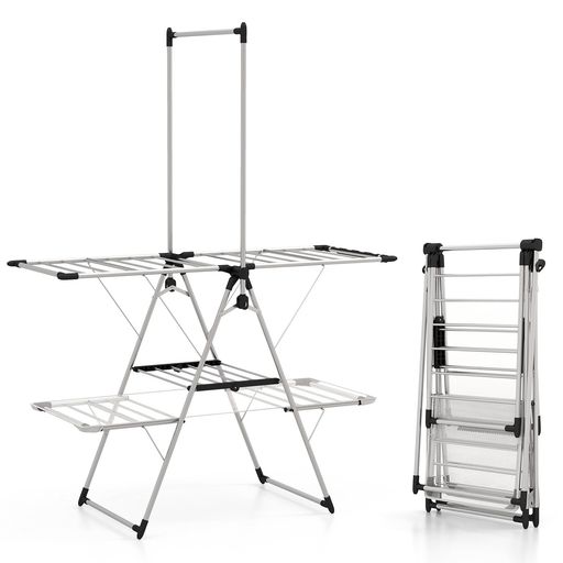 ベランダ物干し室内屋外物干しスタンド洗濯物干しものほし台マンション幅138x奥行63x高さ70~140cm調節可能洗濯干し折りたたみ式簡単組立コンパクト収納ステンレス製シルバー