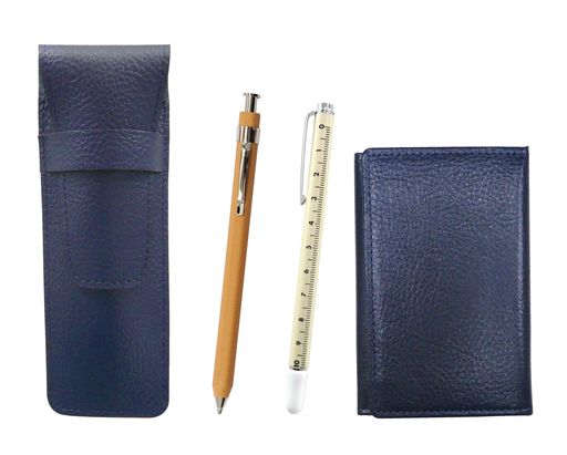 牛革青ペンケースと名刺入れスライドメジャー指示棒と木粉シャープペンSASL-MEIL-708W-FB116