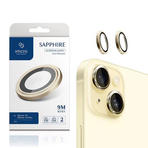 【imos】に適合するiPhone15/15Plusカメラレンズフィルムカメラ保護9Hハイクオリティサファイア光学ガラス、耐傷、高透過率、貼りやすい(イエロー)