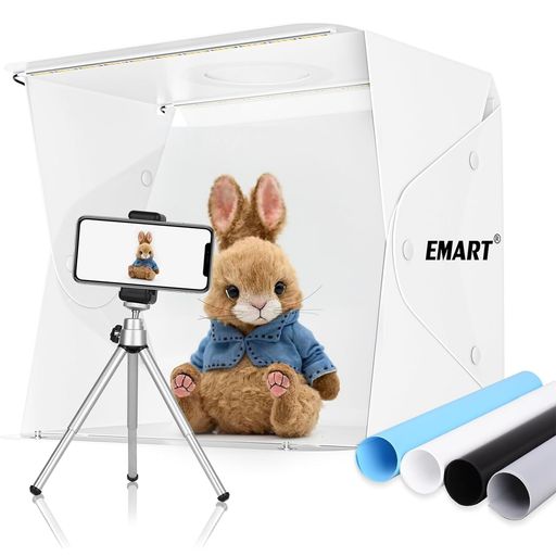 EMART撮影ボックス簡易スタジオ40X35cm撮影ブース調光LEDライト2本4色PVC背景紙ディフューザー付きスマホ用三脚USB接続折り畳み撮影キット3色温度調整物撮り用ボックス自宅撮影卓上撮影折り…