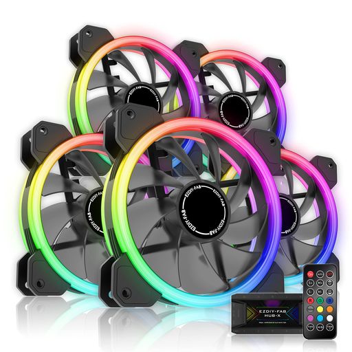 EZDIY-FAB新しいデュアルリング120mmRGBLED静音PCケースファン5V3pinマザーボード同期速度調整可能ファンハブ&リモコン付き-5本1セット