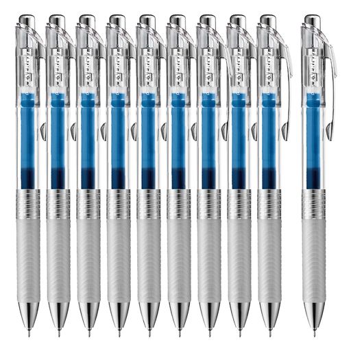 【特長】スッと書けてサッと乾く ゲルインキボールペン 【1本あたりサイズ/重さ】幅 16 x奥行 11mm x 長さ 147mm/13g 【インキ色】ブルー 【芯径】0.5mm【本数】10本 【材質】後軸・頭冠=再生PC ノック・前軸=ABS樹脂メッキ グリップ=エラストマー クリップ=鉄