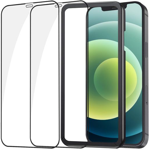 NT2FガラスフィルムiPhone12/iPhone12Pro用保護フィルム全面保護アイフォン12/12Pro用強化ガラス液晶画面保護シート2枚セットガイド枠付き透明-黒縁