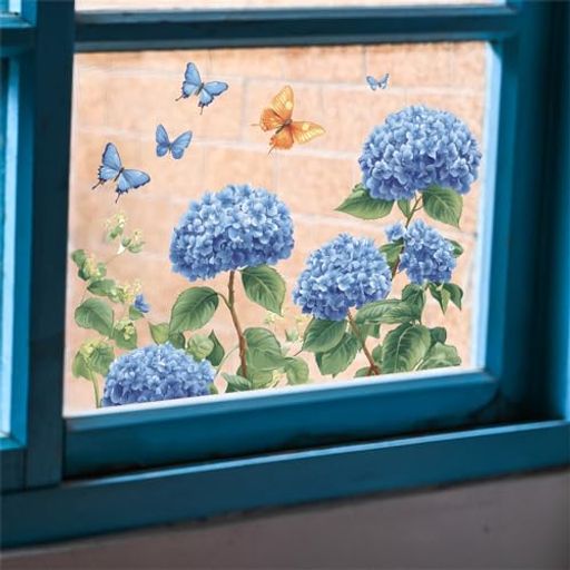 Hikosiya静電ステッカー窓ステッカー紫陽花夏花蝶々窓ドア鏡ガラス飾り剥がせる静電気シールインテリアおしゃれブルーステッカーDIYPVC素材生活防水部屋飾り店舗飾りHyq609