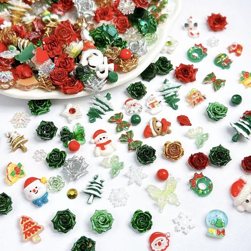 Nail - ネイルパーツ100個セット3D立体可愛いクリスマスツリーサンタクロース雪だるま雪の結晶花蝶ネイルストーンクリスマスジェルネイルレジン用ジュエリーパーツネイルアートハンドメイド…