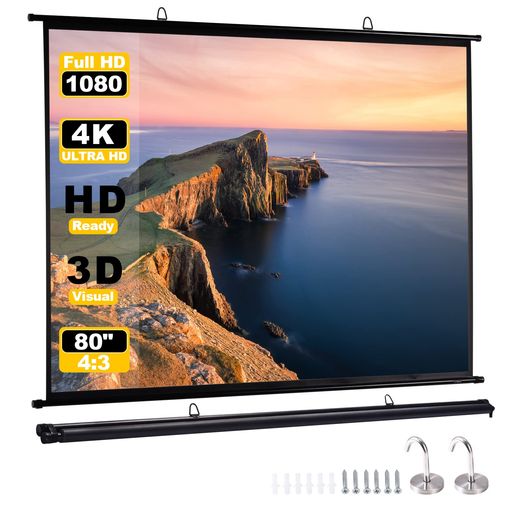 プロジェクタースクリーン吊り下げ、スクリーンプロジェクター用、80インチ4:3ファイバーグラス、持ち..