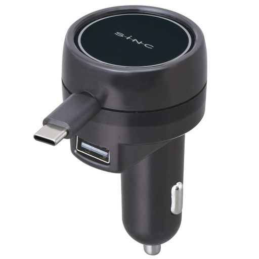 セイワ(SEIWA)車内用品カーチャージャー車載充電器TYPE-CケーブルUSBポート1口TYPE-AD594リールチャージャーmini12/24V車対応出力3.0A+2.4AブルーLED2台同時充電巻き取り式0.5m