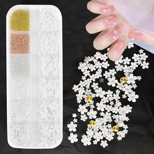 Coollooda ネイルパーツ 花 ネイルアート 立体 お花 ブリオン 半円パール ジュエリーパーツ ネイルデコパーツ ビーズ フラワー パーツ ホワイト 金属粒 3Dネイルアートデコレーション