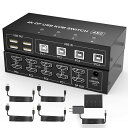 4ポートデュアルモニターKVMスイッチDISPLAYPORT4K60HZ、KVMスイッチ2モニター4コンピュータ4USB2.0ハブ付き、デュアルモニター切替器D...
