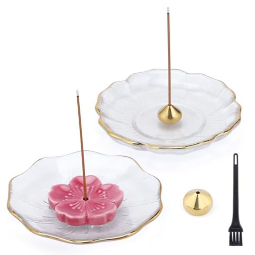 Segartyお香立て蓮の花香皿ガラス製桜ホルダーと水滴真鍮ホルダー付属和風お香スタンド香炉気の浄化疲..