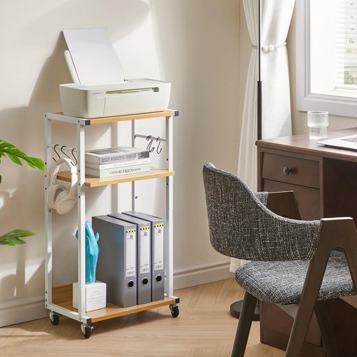 YMYNYプリンター台プリンタラックキャスター付きデスクサイドワゴンモバイルプリンタスタンド木製ラック付きカート落下防止パネル中棚高さ3段階調節デスク下収納棚木製袖机スリムオフ…