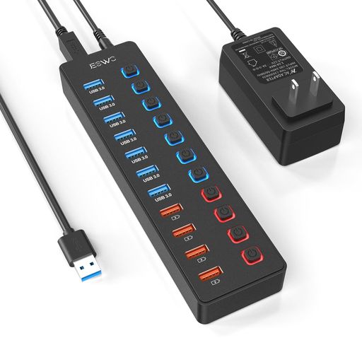 USBハブJESWOUSB3.0ハブ電源付き11ポートUSBHUBUSB3.0ポートx75Gbps高速伝送+充電ポートx4100cmケーブルUSB拡張セルフパワー独立スイッチ付き12V/3A電源アダプタACアダプタ付き