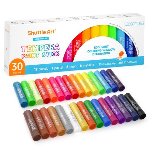 ガラス。 【可愛い30色セット】18色のプライマリーカラー、6色のメタリックカラーと、6色のネオンカラーを揃った色数豊富なテンペラペイントスティックセットです。より鮮やかで綺麗な発色を持ち、複数の色と混色してオリジナルのカラーを作られ、おもちゃとして、個性あふれる表現力、想像力、又は手と目の協調の能力を鍛えます。子どもでも片付けられるような紙函が付き、持ち運びや収納時に便利です。 【安全で使いやすい】普通のクレヨンより密度が高く折れにくくなっています。塗りガスが出ず、握りやすい太さと滑らかな描き心地で力の弱い子供でもスルスルとお絵かきを楽しめます。重ね塗りで美しい仕上がりを体験できます。ペンの後ろを回転してお使いいただけるリップのような繰り出し式スティックで、子供の手が汚れず、最後まで使い切りしやすいです。安全で高品質の材料で作られ、安心して遊ばせることができます。USA品質安全規格ASTM D- 4236とEN71基準に適合しています。◎ご注意:芯を出しすぎると折る恐れがありますので、予めご了承ください。 【速乾でウォッシャブル】速乾性に優れたお絵描きセットで、子供の体や服に移染しにくくなっています。