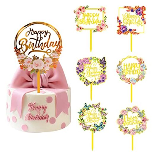 ケーキトッパー誕生日7点セットHappyBirthdayケーキトッパーゴールド誕生日ケーキ飾りお花蝶々ケーキ挿入カードケーキデコレーションバースデーパーティー母...