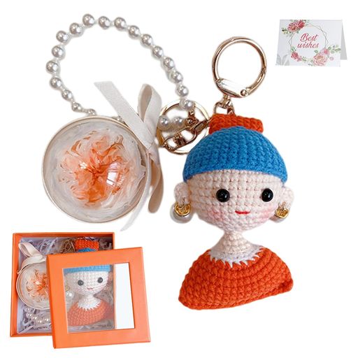 PRETOLEプリザーブドフラワーキーホルダー枯れない花手編みベビー少女パールぬいぐるみ取り外し可能携..