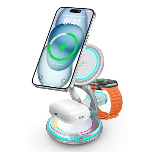 【2025新登場】ワイヤレス充電器3IN1折りたたみマグセーフ式急速最大15W・3台同時充電・360°回転MAGSAFEタンド置くだけIPHONE/IWATCH/AIRPODSに対応(銀色) 【2025新登場】ワイヤレス充電器3IN1折りたたみマグセーフ式急速最大15W・3台同時充電・360°回転MAGSAFEタンド置くだけIPHONE/IWATCH/AIRPODSに対応(銀色)